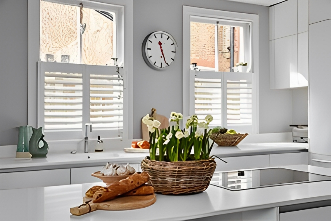 Café style plantation shutters in a bright Houston kitchen – Elegant, privacy-enhancing window treatments with natural light control.