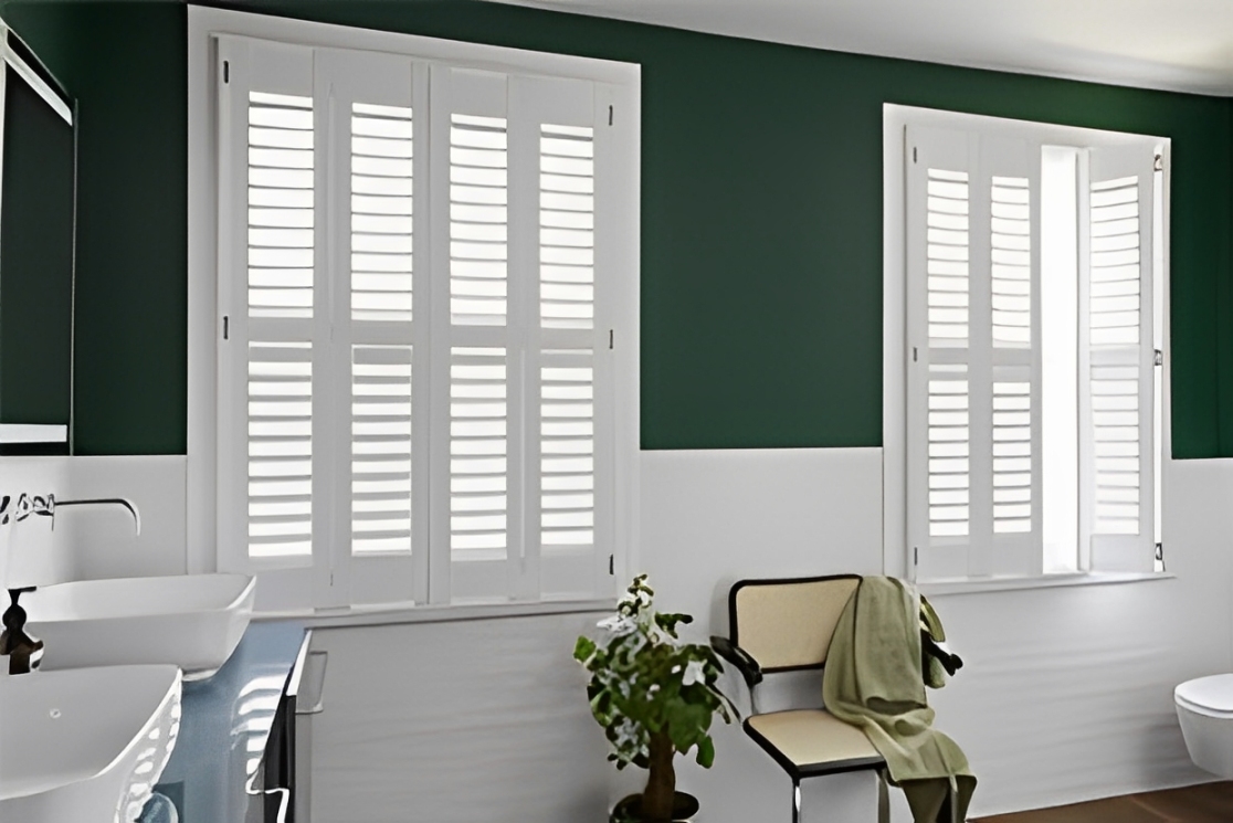 Full-height plantation shutters in a modern Houston home – Elegant, energy-efficient window treatments for privacy and light control.