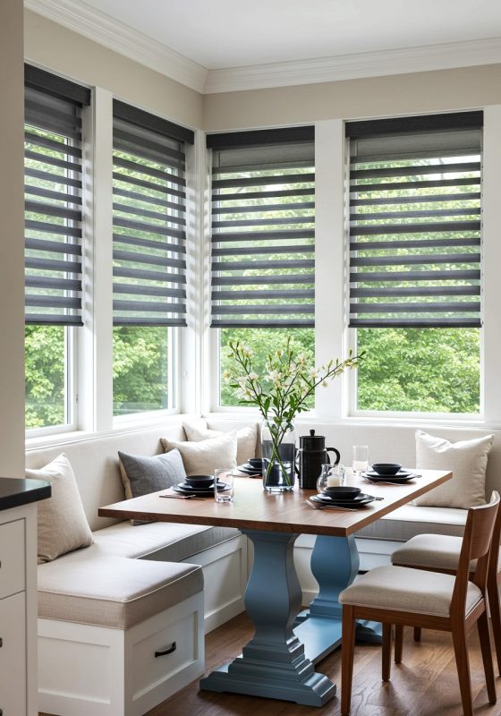 Modern dining area with custom plantation shutters in Houston – Energy-efficient window treatments for privacy and natural light control.
