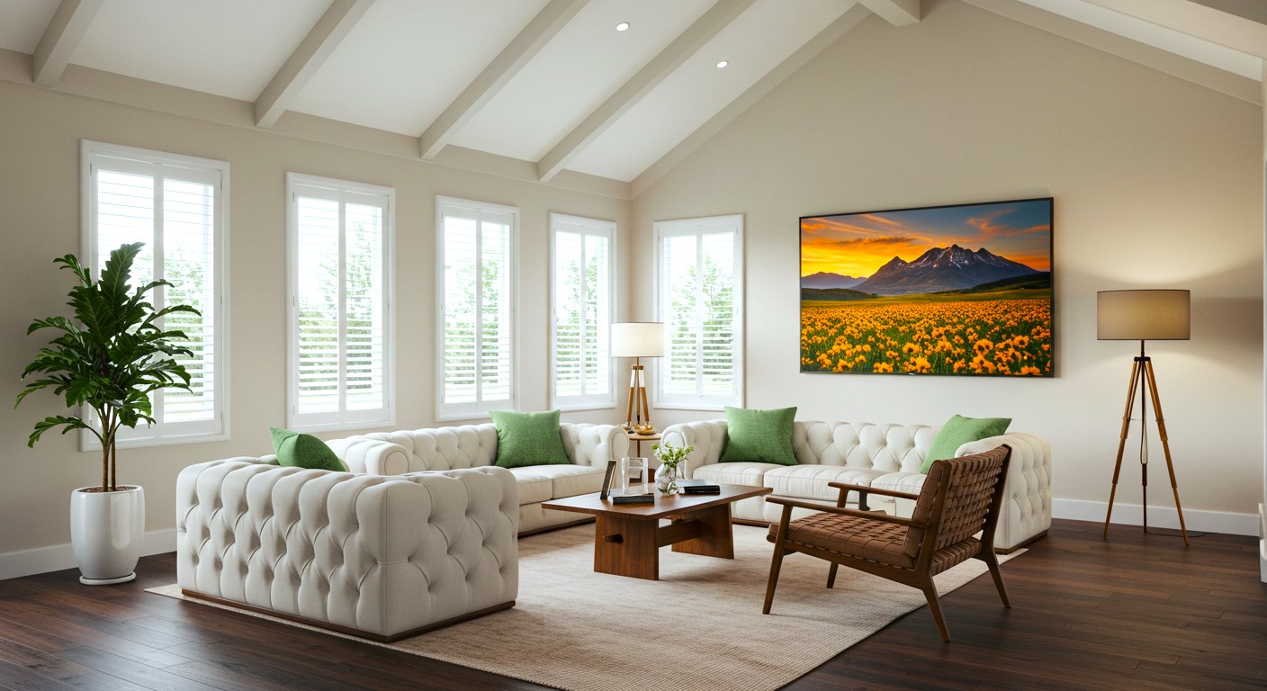 Modern living room with custom plantation shutters in Houston – Energy-efficient window treatments for light control and privacy.