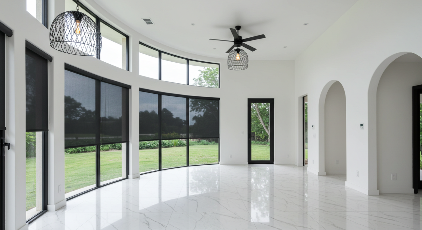 Modern patio with custom motorized outdoor shades in Houston – Stylish, UV-protective, and energy-efficient window treatments for outdoor comfort.