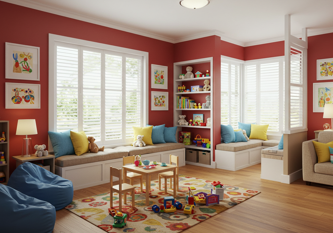 Bright playroom with custom plantation shutters in Houston – Child-friendly window treatments for privacy, safety, and light control.