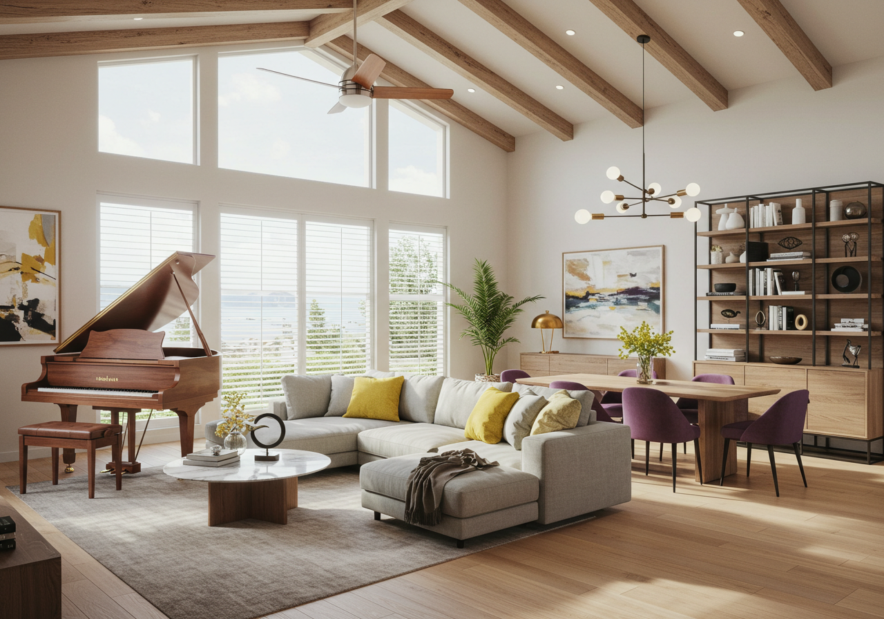 Elegant living room with custom plantation shutters in Houston – Premium window treatments for natural light control, privacy, and energy efficiency.