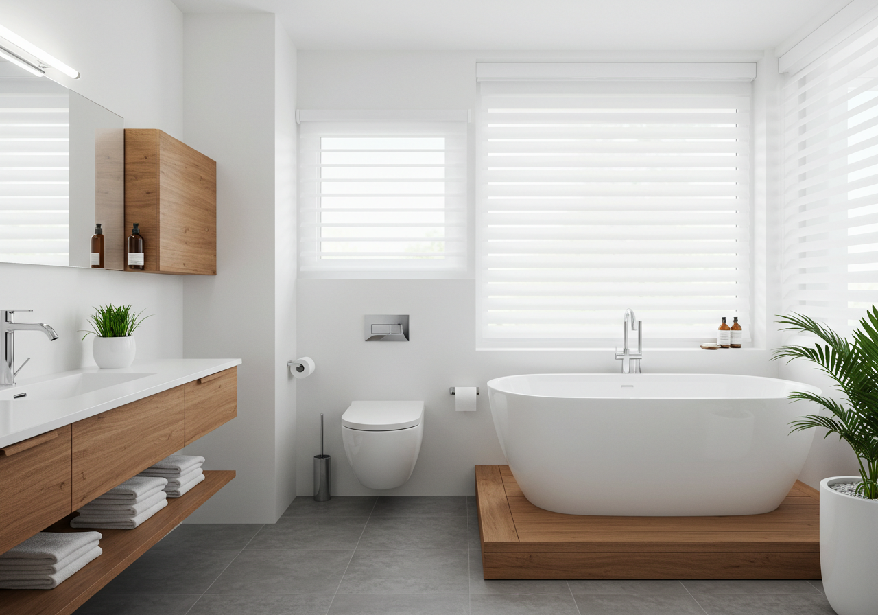 Modern bedroom with custom roller shades in Houston – Elegant and energy-efficient window treatments for privacy and light control.