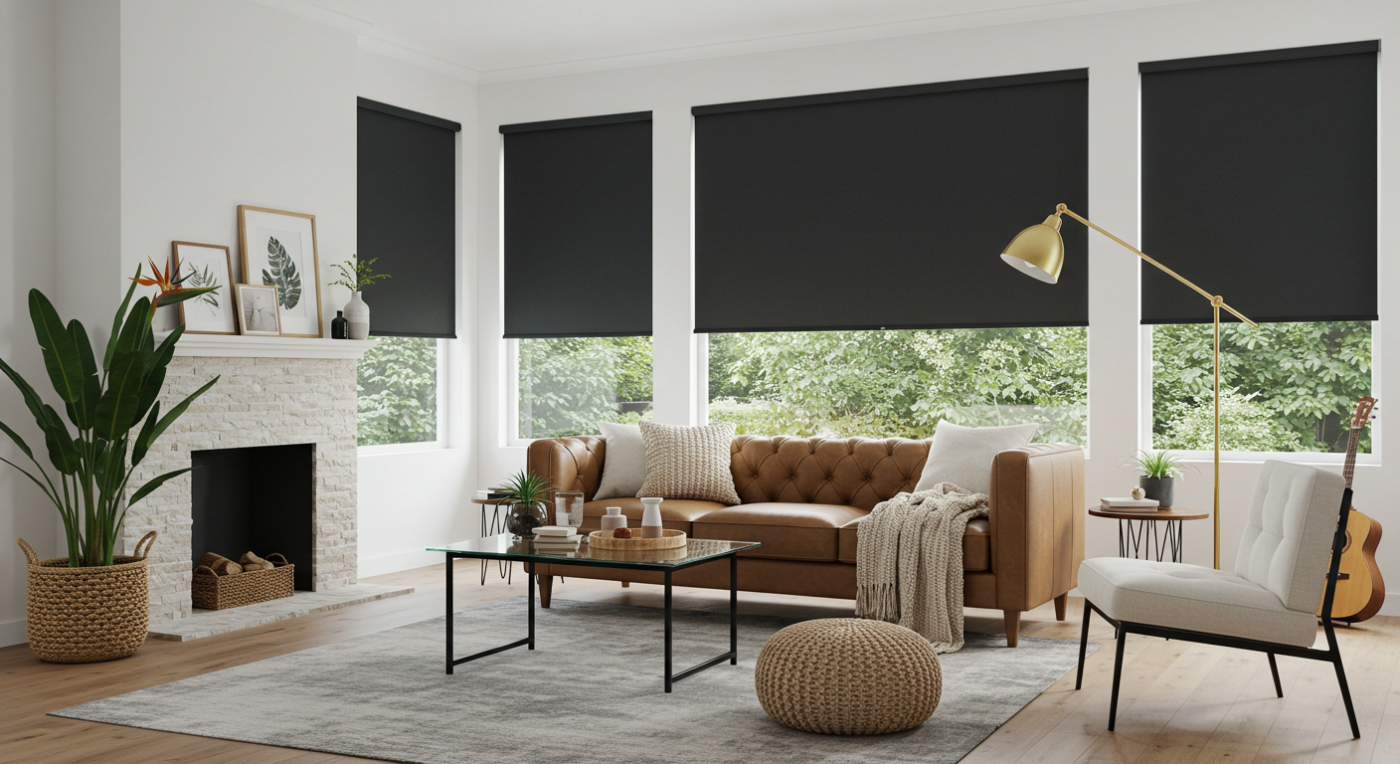 Luxury living room with custom motorized roller shades in Houston – Smart window treatments for privacy, UV protection, and energy efficiency.