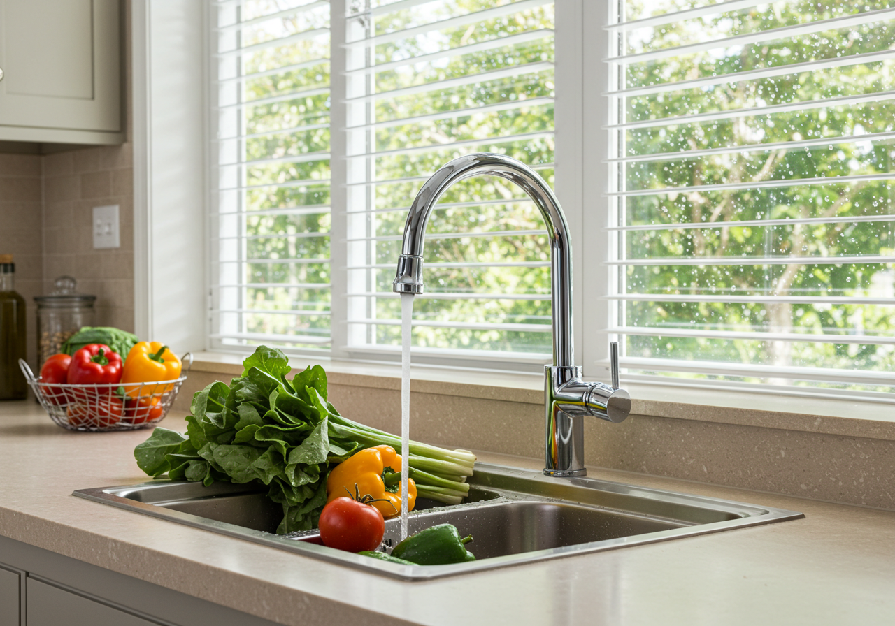 Modern kitchen with white plantation shutters – Enhancing natural light, privacy, and energy efficiency with stylish window treatments.